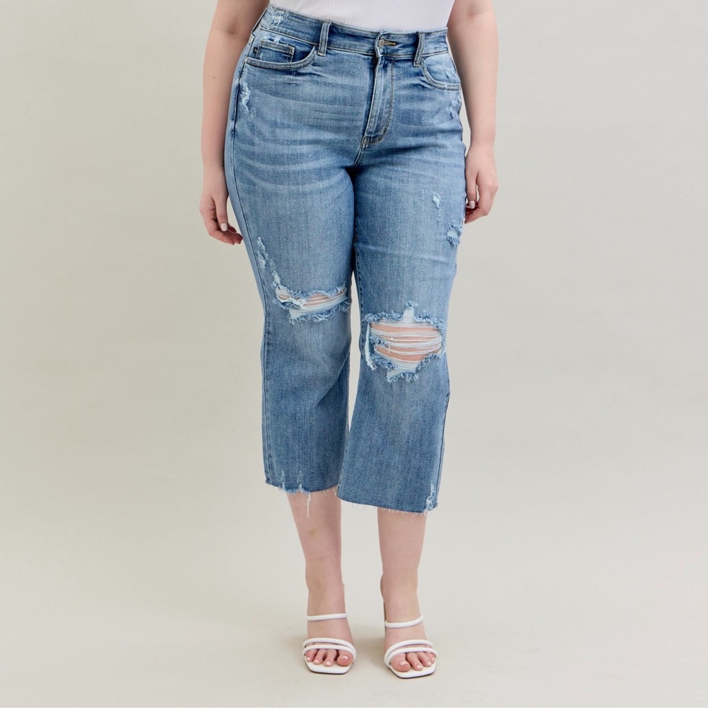 Judy Blue Full Size High Waist Destroy Crop Wide Leg Jeans Plus Size - Picture 13 of 16